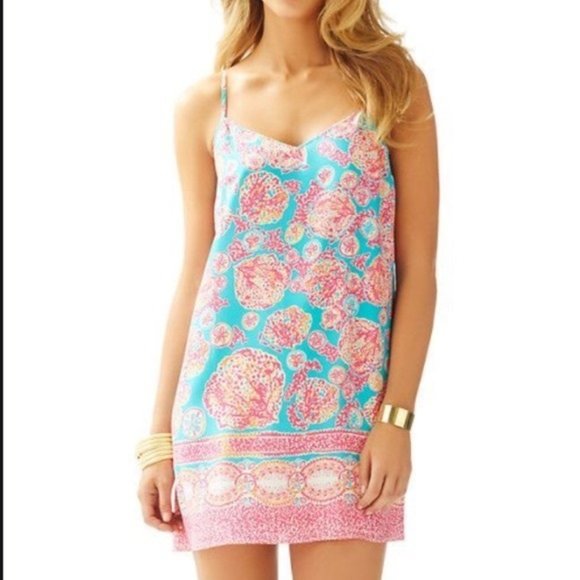 VEUC Sz M Lilly Pulitzer Sea Silk Dusk dress - Hot Pink, Turquoise, Coral, White - Picture 5 of 11